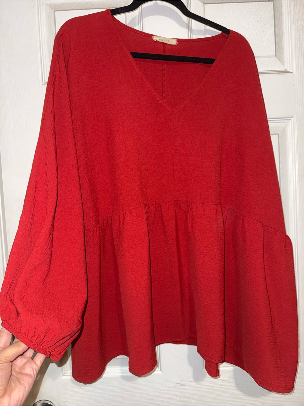 entro Red V-Neck Peplum Blouse with Balloon Sleeves